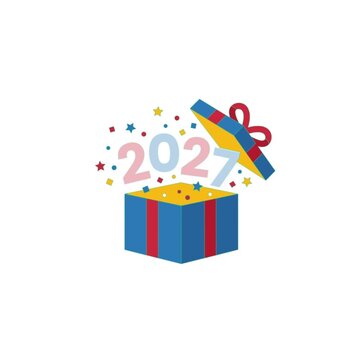 Festive gift box opening with bright twenty twenty seven year numerals popping out like celebratory motion animation in this colorful digital graphic design holiday season clip