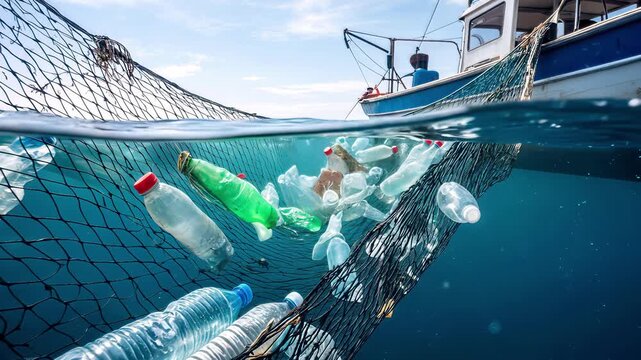 Plastic bottles trapped in fishing net underwater near boat. Environmental pollution and ocean waste concept. Panning and tilting camera shot.