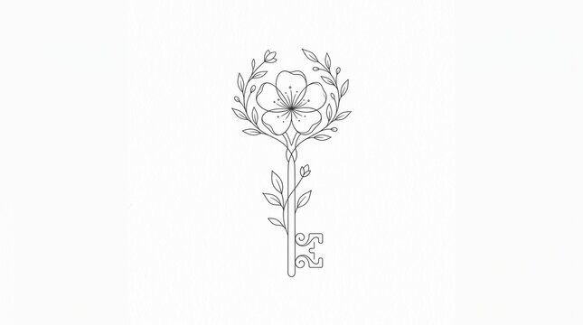 Minimalist Floral Key Line Art Illustration