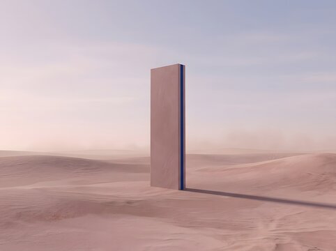 Minimalist monolith standing in a vast desert landscape under a clear sky
