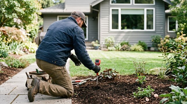 Professional gardener kneeling on pathway testing soil pH levels with digital meter in residential garden, landscaping maintenance, agriculture technology, organic farming care