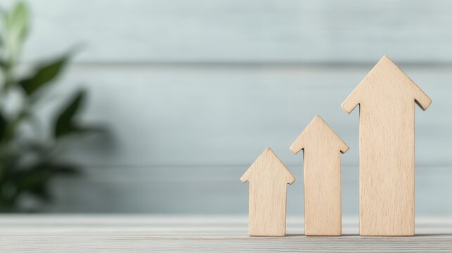 Three wooden arrows of increasing size represent growth and progress on a light gray wooden surface