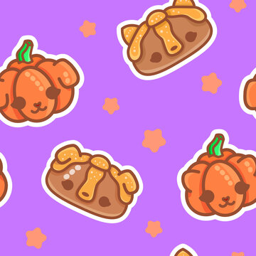 Cute Kawaii Day of the Dead Seamless Background with Pumpkin Cat and Pan de Muerto