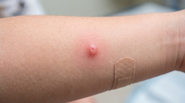 Close up view of a skin lesion bump on the arm with medical tape indicating dermatology skin condition examination and potential skin ailment