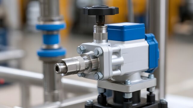 Close up of a metallic industrial pump with blue accents and black adjustment knob mounted on a metal frame