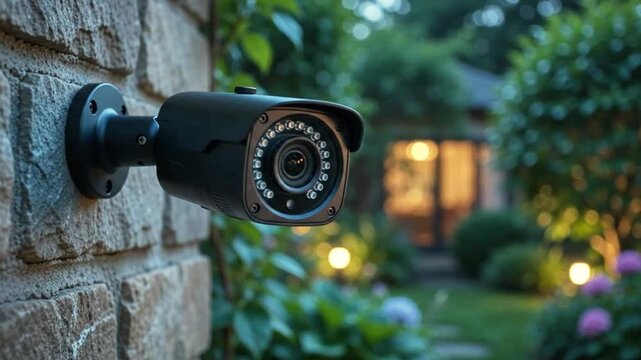 Security camera scanning residential garden with infrared night vision