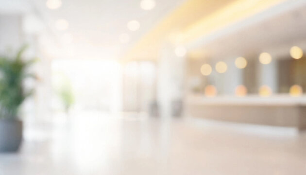 Blurred interior background of a modern commercial building hall with soft lighting