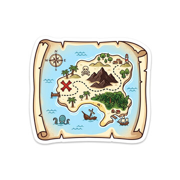 Vintage style pirate treasure map illustration featuring an island with mountains palm trees and ocean waters
