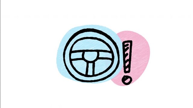 An animated hand-drawn steering wheel outline with a padlock icon. Great for power steering lock alerts, ignition key lock warnings, and anti-theft security status. 
