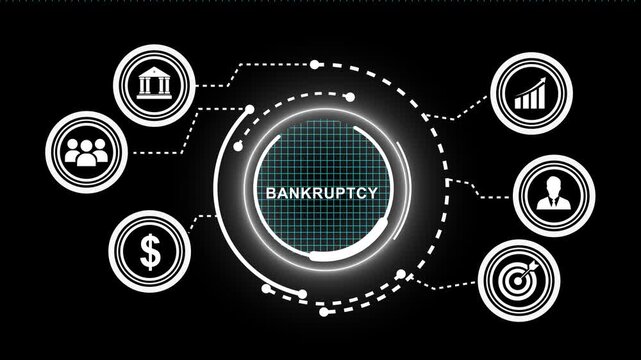 Bankruptcy financial concept infographic animation featuring digital hud interface economic crisis indicators, corporate debt analysis, and global market instability data visualization