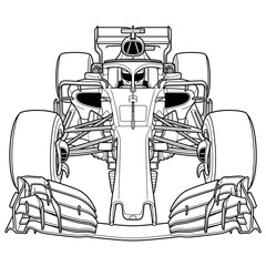 Fototapeta premium Front View Line Art Illustration of a Modern Formula Racing Car with Driver in Cockpit, Featuring Aerodynamic Wings, Halo Safety System, and Wide Performance Tires on White Background