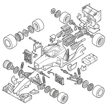 Isometric Exploded View Technical Drawing of a Formula Racing Car Illustrating Internal Mechanical Components Including Engine, Gearbox, Suspension, Brakes, and Aerodynamic Bodywork Parts.