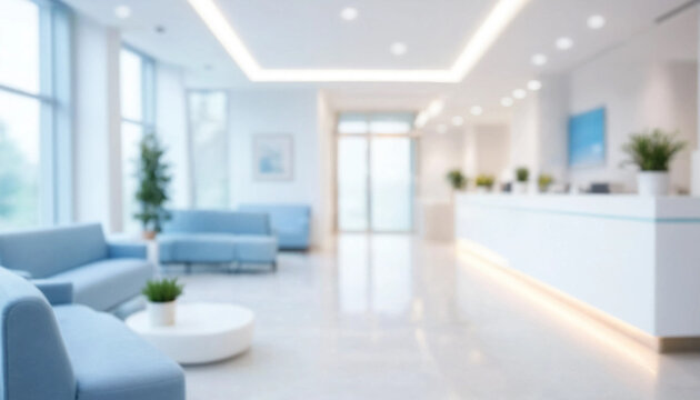 Blurred interior view of a modern bright hospital lobby with waiting area and reception desk