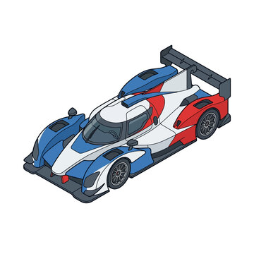 Isometric Vector Illustration of a High-Performance Endurance Racing Prototype Car in Red White and Blue Livery, Aerodynamic Sports Vehicle with Large Rear Wing and Cockpit