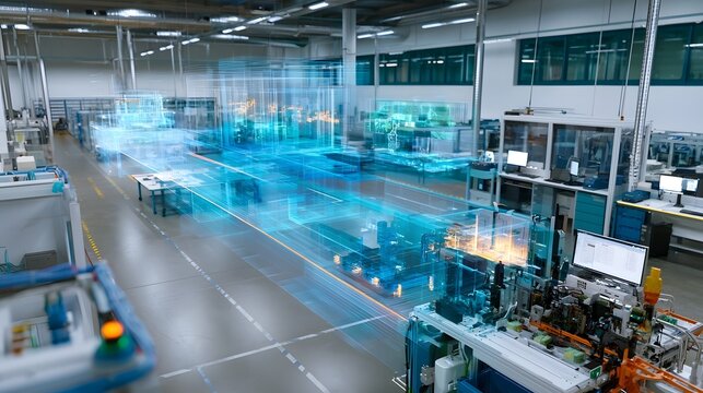 Digital twin visualization overlays a modern factory floor with transparent blue holographic data streams and ope nal hinery