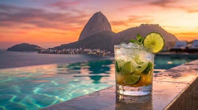 Refreshing Caipirinha Cocktail by Infinity Pool Overlooking Rio Sunset
