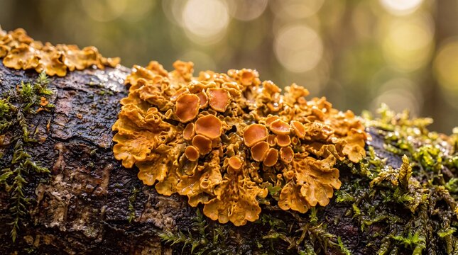 Golden Lichen Growing on Wet Tree Bark in Forest