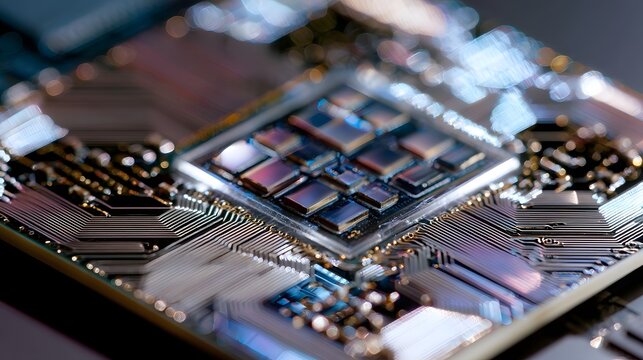 Close up of a multi die chiplet package mounted on a circuit board with metallic traces and reflective surfaces