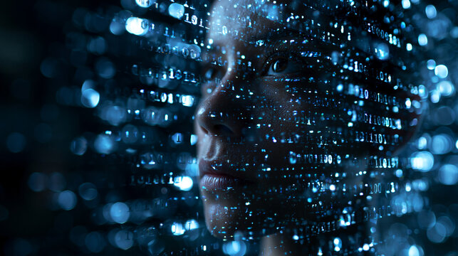 AI Digital Human Face with Binary Code and Data