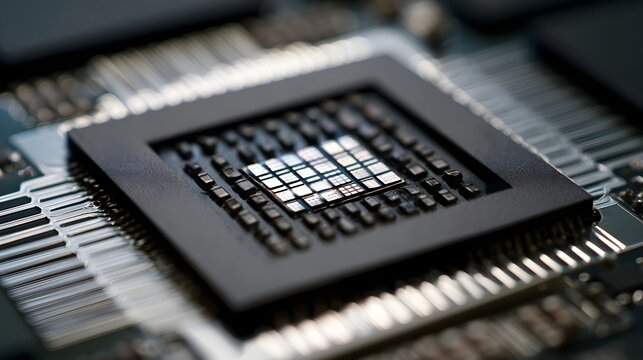 Close up of a multi die chiplet package mounted on a circuit board with metallic traces and controlled reflections