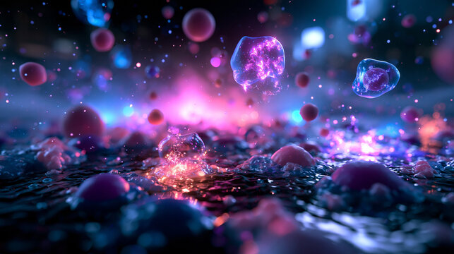 Microscopic View of Glowing Biological Cells in Liquid