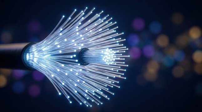 A bundle of glowing fiber-optic cables representing fast broadband and data transfer.