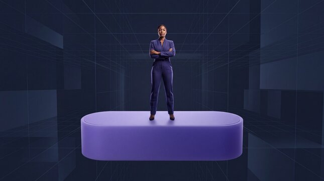Confident Businesswoman Standing on Platform in Futuristic Virtual Space