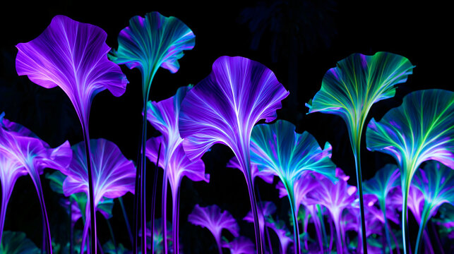 Bioluminescent Glowing Neon Flowers Against Dark Background