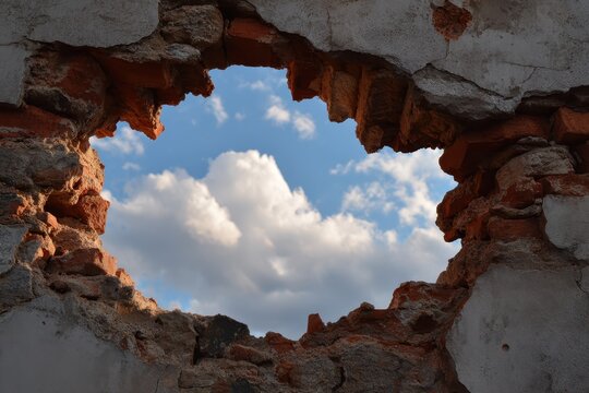 A view of a blue sky and white clouds is seen through a hole in a weathered brick wall, suggesting concepts of freedom and a new beginning