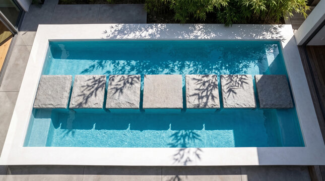 Top down aerial view of turquoise swimming pool with floating square granite stepping stones and bamboo leaf shadows, minimal modern pool design background, 3d render.