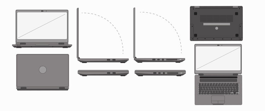 laptop shown from multiple perspectives including front side and top down views for design.