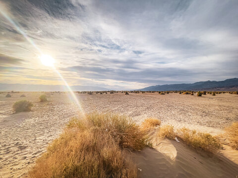 View of Death Valley desert landscape with sparse shrubs, sandy terrain, and distant mountains under a bright sun with lens flare in Inyo County, California, United States.