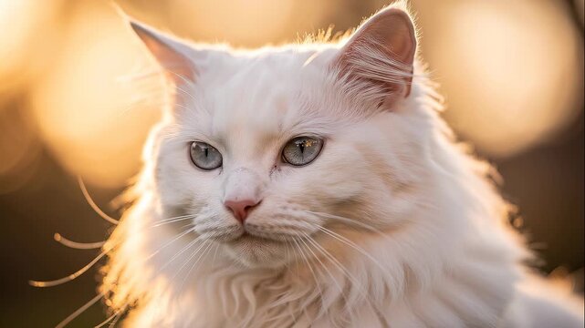 A beautiful fluffy white cat portrait with soft golden hour lighting.
