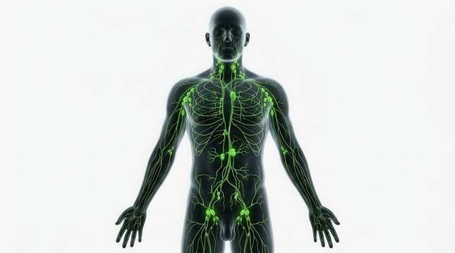 Comprehensive view of the human lymphatic system in a 3D medical illustration.