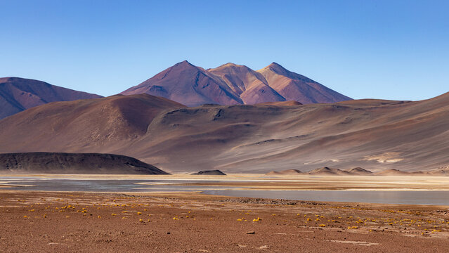 View of the red mountains and salt flats of Piedras Rojas under a clear blue sky in Chile.