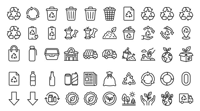 Recycle Symbol and Trash Linear Icon Set with Editable Stroke Waste Bins, Material Sorting, Eco Packaging, Reuse, Zero Waste, and Environmental Signs