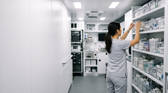 Nurse organizing medical supplies in a mobile clinic