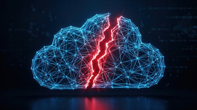 Online security vulnerability shown as a broken digital cloud with network connections.