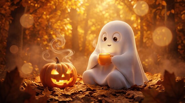 Cute ghost with pumpkin and hot drink for halloween festive autumn scene