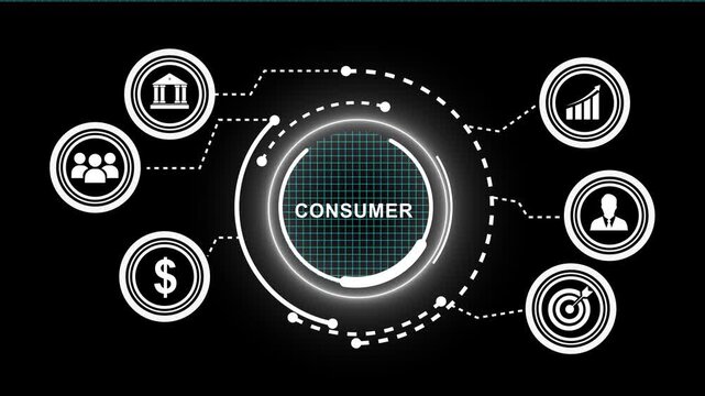 Digital consumer behavior infographic animation featuring animated business financial growth charts, target audience analytics, and banking symbols for corporate marketing and data visualization
