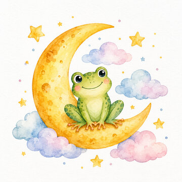 Adorable watercolor frog sitting on a glowing crescent moon surrounded by pastel clouds and golden stars.