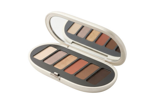 An open makeup eyeshadow palette with six diverse earth-toned shades and an integrated mirror, isolated on a white background, for beauty use isolated on a transparent background