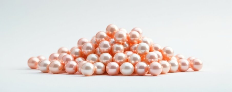 A mound of glistening pearls against a stark white , objet d'art, overflow, glossy pearls