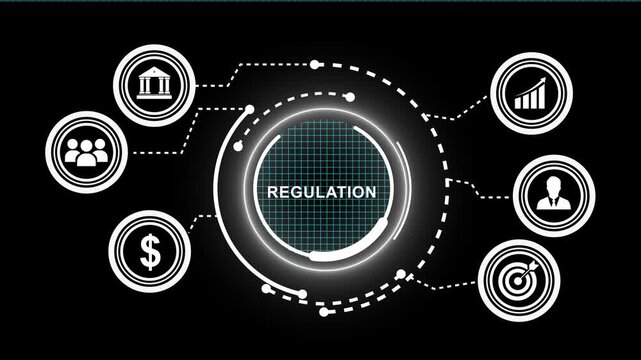 Dynamic financial regulation infographic animation featuring corporate compliance banking symbols, and strategic growth metrics for business presentations and data-driven corporate reports