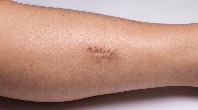 Close up view of skin marks and scars on the human leg showing healed tissue and dermal injuries medical condition analysis