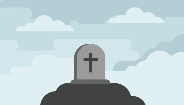 Cemetery tombstone with a cross on top of a grassy hill mound under a cloudy gloomy sky representing sorrow and memory.