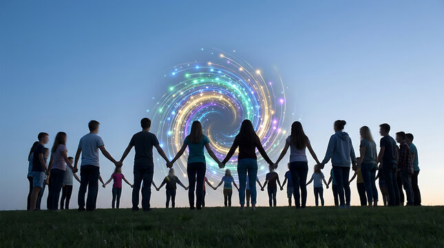 Diverse group of people holding hands in circle outdoors