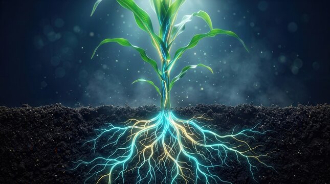 A glowing corn plant with roots delving into the earth to represent growth.