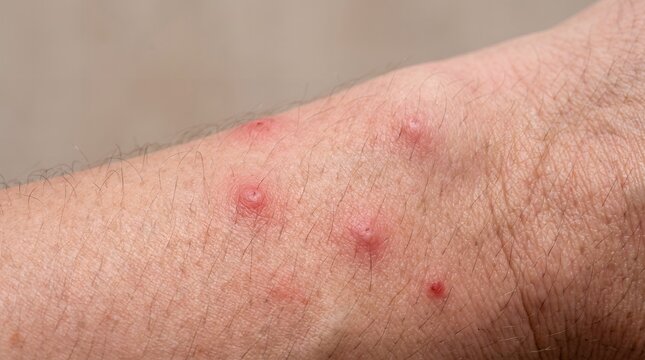 Close up view of skin rash and red spots on the forearm showing various skin lesions