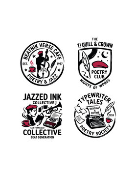 Beatnik Poetry and Jazz Club Vintage Badges and Logos Vector Collection.